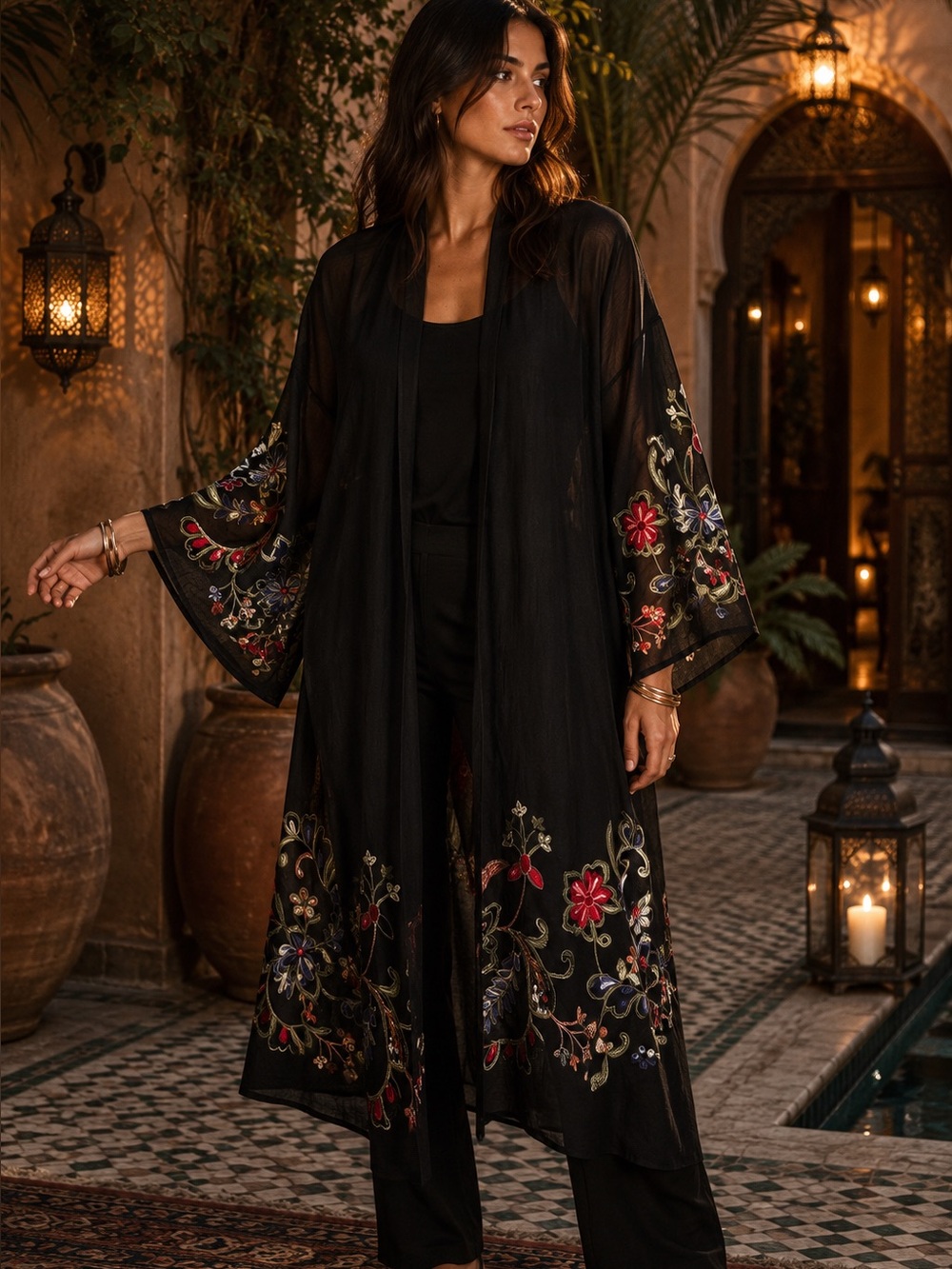EMBROIDERED Black Open Semi-Sheer Global Bohemian Kimono Duster, One Size